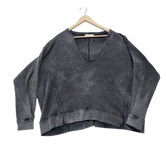 We The‎ Free Waffle Knit Oversized Pullover Gray V-Neck Sweatshirt Medium - Picture 9 of 9